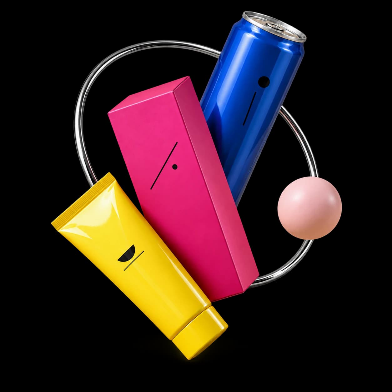 A blue can, pink carton, and yellow tube suspended inside a chrome ring.